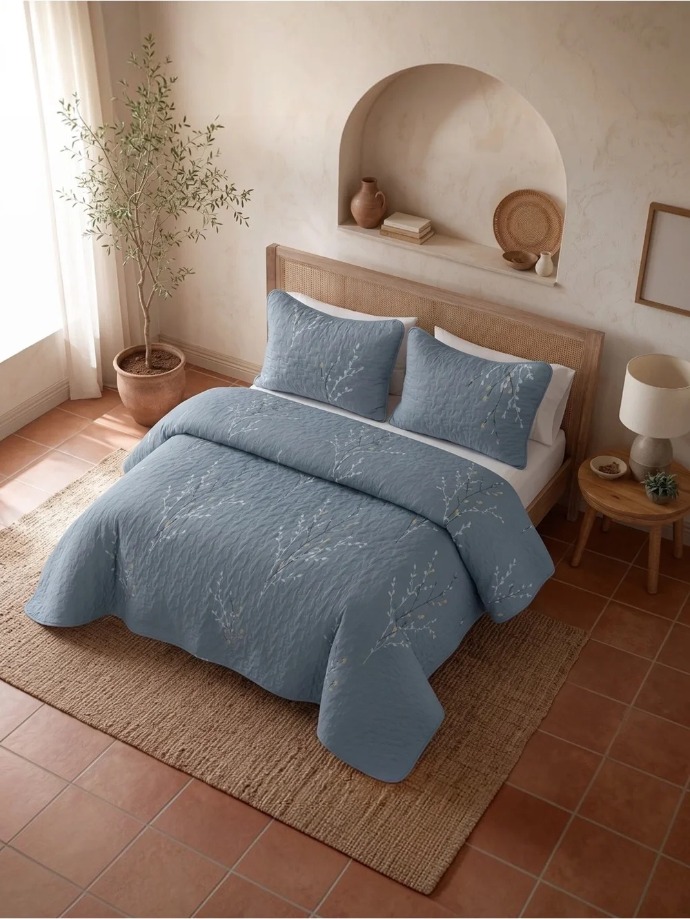 NEW West Elm Blue Queen King Floral Embroidered Bedspread Quilt Pillow Case Set